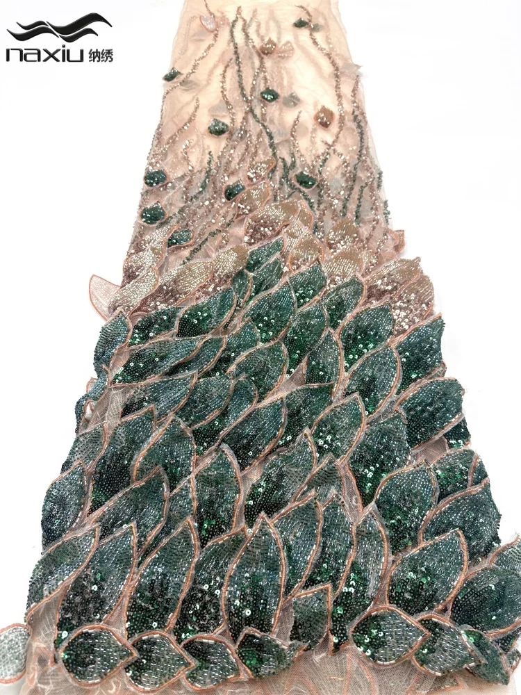 Madison Hot Sale Luxury African Beaded Lace High Quality 5 Yards Nigerian French Sequins Heavy Net Lace Fabric For Wedding Party