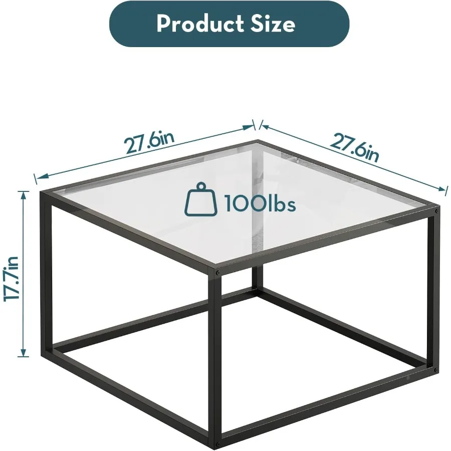 طاولة قهوة زجاجية مربعة صغيرة بتصميم عصري 26.7 بوصة لغرفة المعيشة والشقة المكتبية تتميز بشفافة مقاس 5 مم