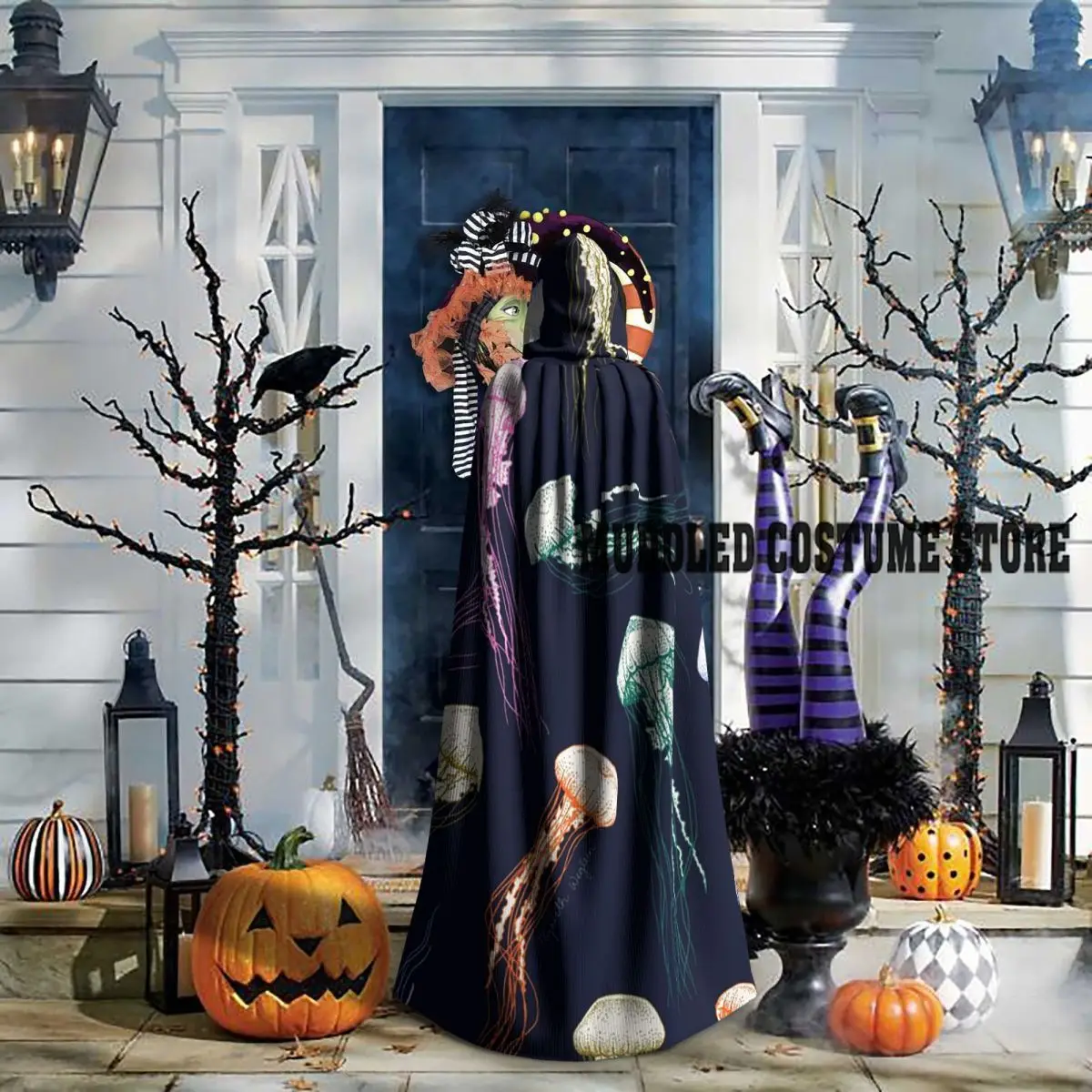 Mantello lungo con cappuccio meduse arcobaleno Costume medievale da strega Mantello cosplay Cappotto di Halloween Adulto unisex