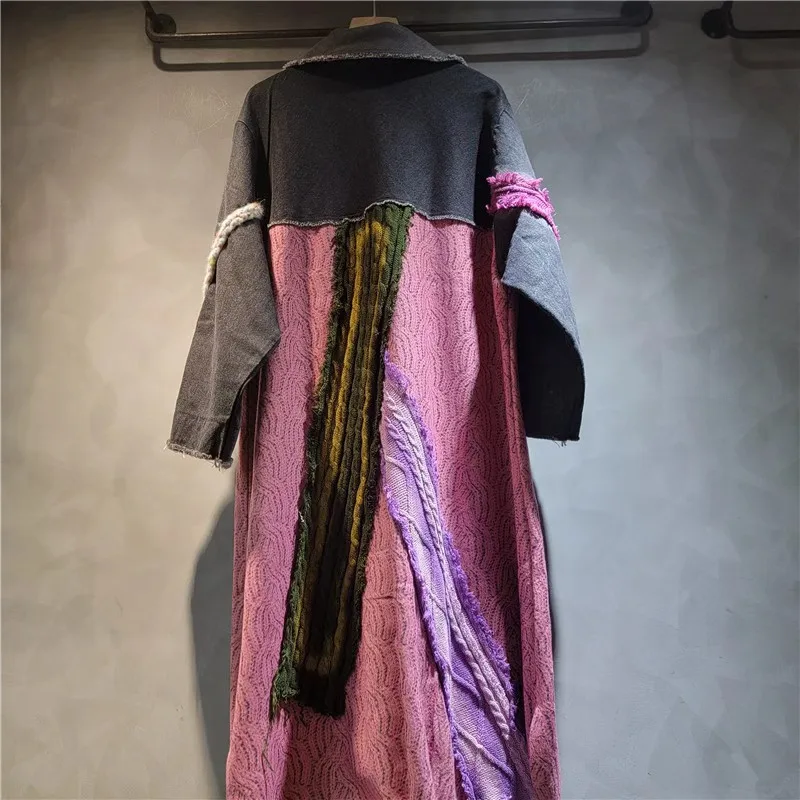 2025秋冬新作 レディースファッション カジュアル 多用途 パープルカラーブロック デニムジャケット ルーズ ロングトップ トレンドコート