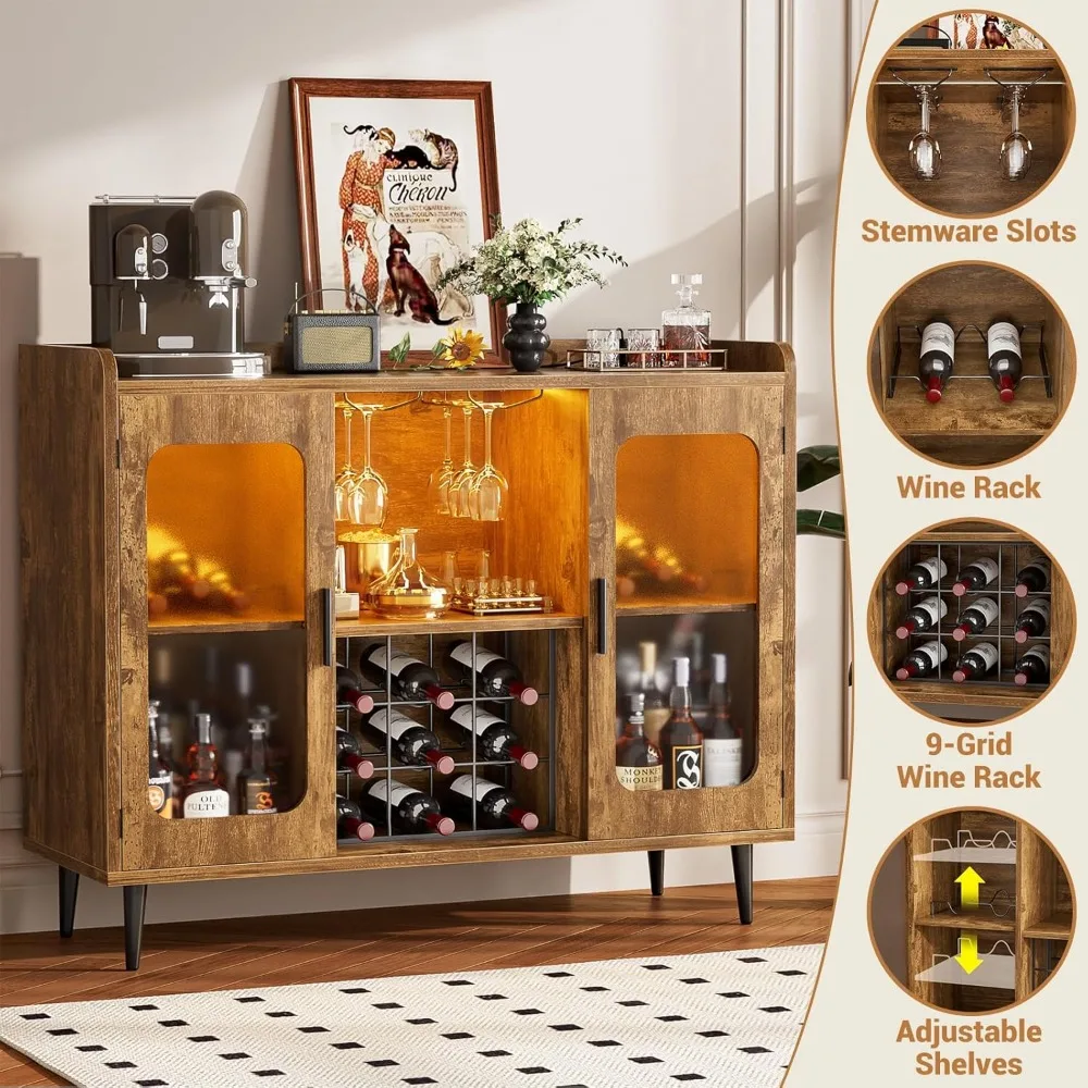 Wine Bar Cabinet with Power Outlet, Liquor Cabinet Bar LED Light and Glass Holder, Home Coffee Bar Cabinet, Buffet Sideboard