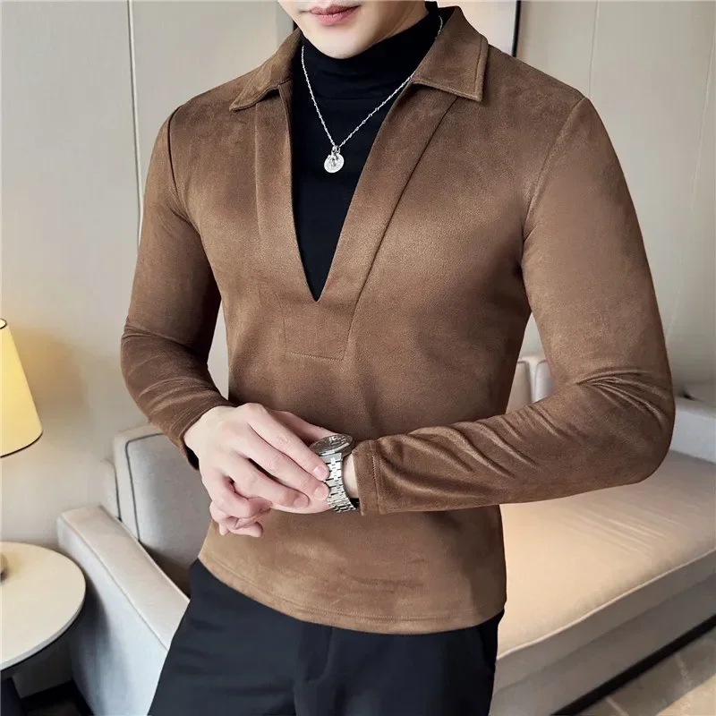 Men Fake Two-piece T-shirt Pullover 2024 British Style Autumn Winter Woolen Warm Thick Turtleneck T-shirt Fashion Men Clothing