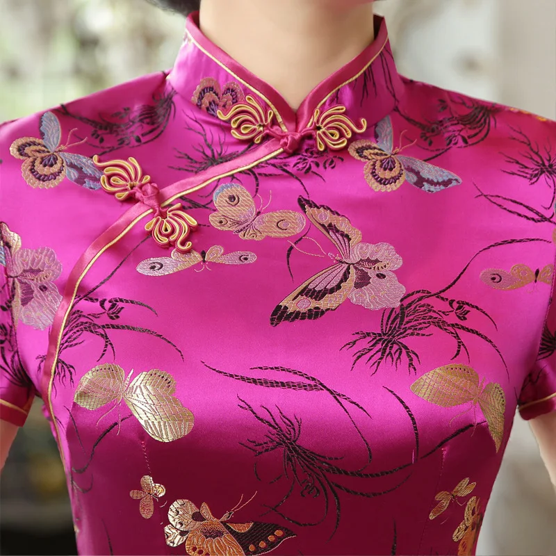 Spring Summer New Satin Qipao Pink Butterfly Print Cheongsams Women Elegant Long Dress Chinese Tradition Dresses Sexy Vestidos