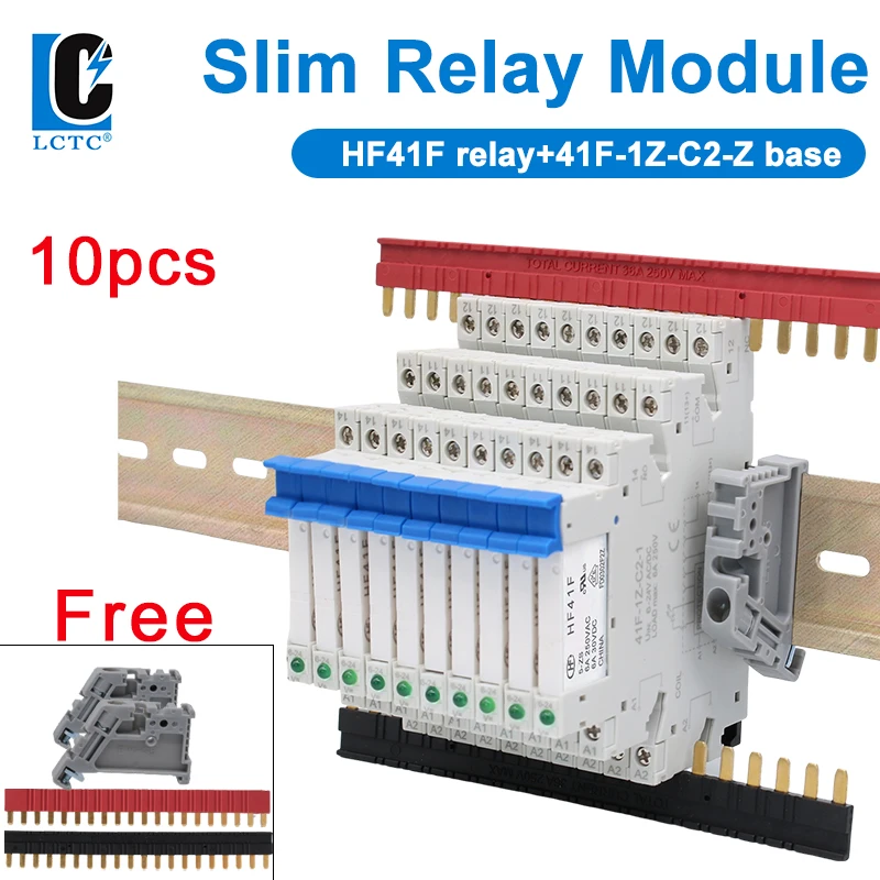 10PCS Relay DIN Rail Slim Relay Module 24V 12V 5V HF41F 250VAC 30VDC 6A Industrial Interface Relay HF41F-5V/12V/24V-ZS