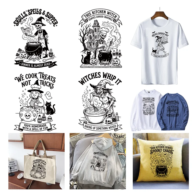 Halloween Kitchen Witch Skeleton Bakery Iron On Patches Retro Spooky Cauldron Ghost Pumpkin Black White Heat Transfer Stickers