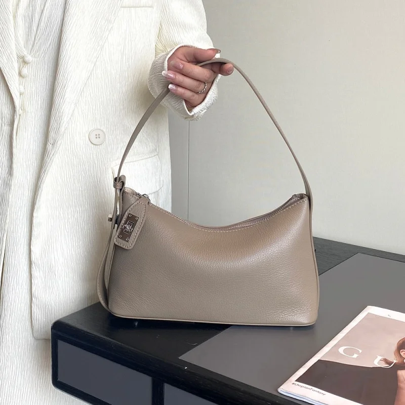 Popular genuine leather women's bag, high-end French-style underarm bag, trendy pillow bag, top-layer cowhide natural shoulder b