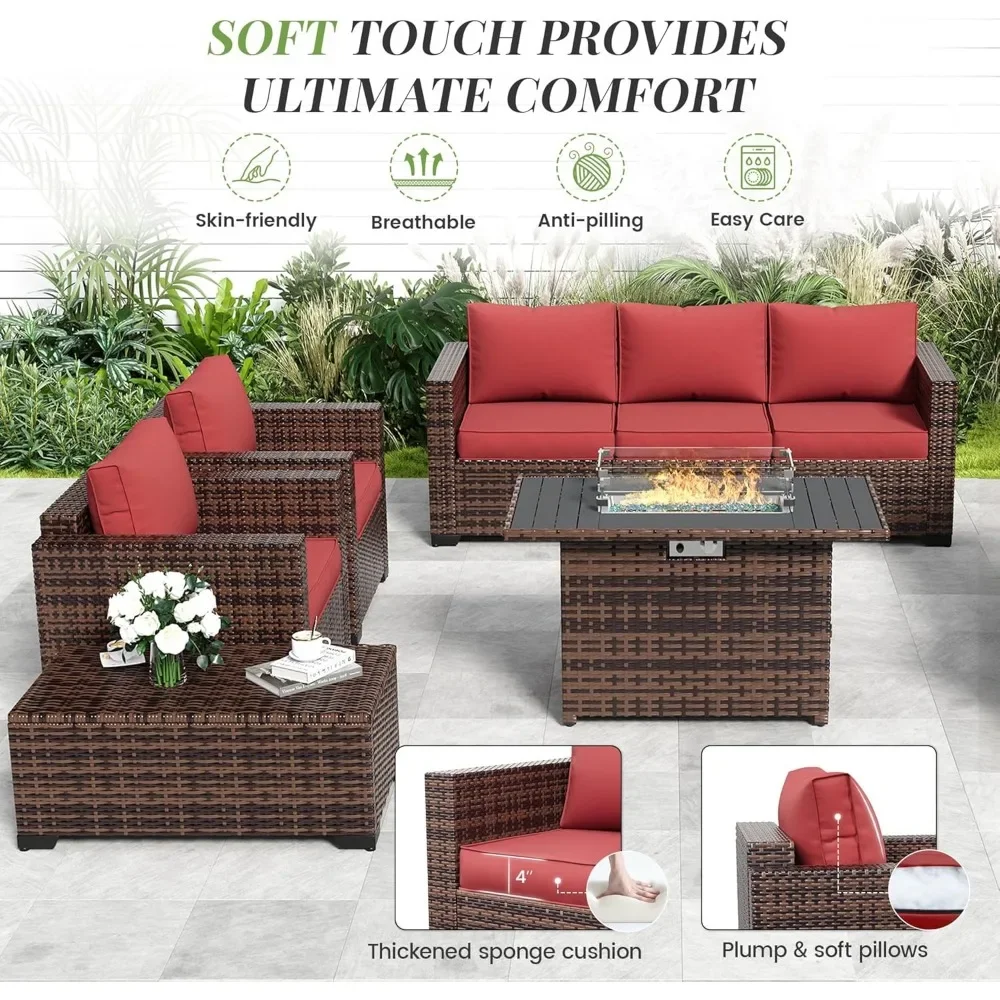 9-piece set of terrace furniture with 44 inch metal top fire pit table, outdoor willow terrace sofa, and storage table