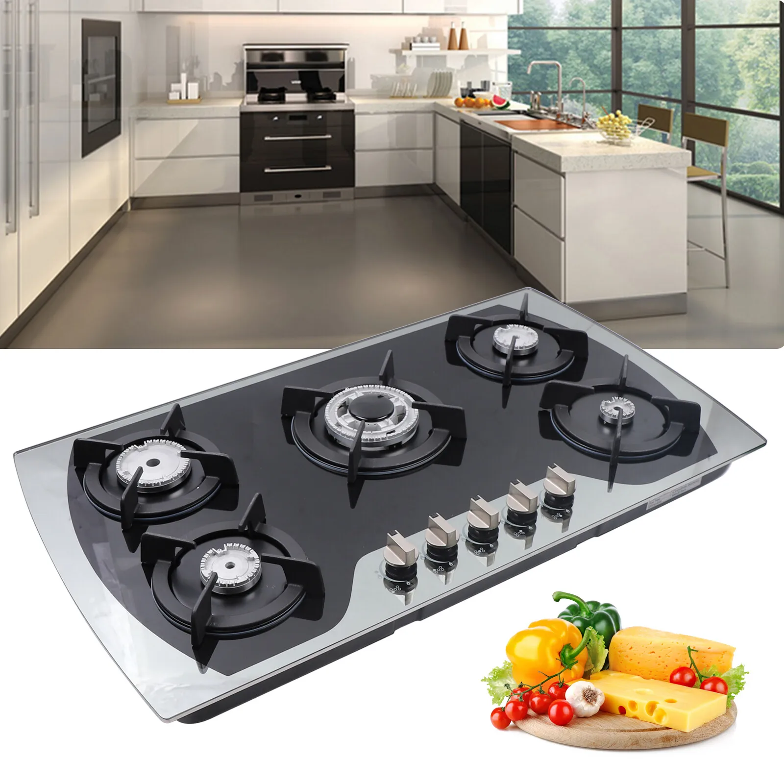 

Gas Cooker LPG/NG Gas COOKTOP Built-in 5 Burner Stove Hob Cooktop Tempered Glass Black Battery Automatic Pulse Ignition