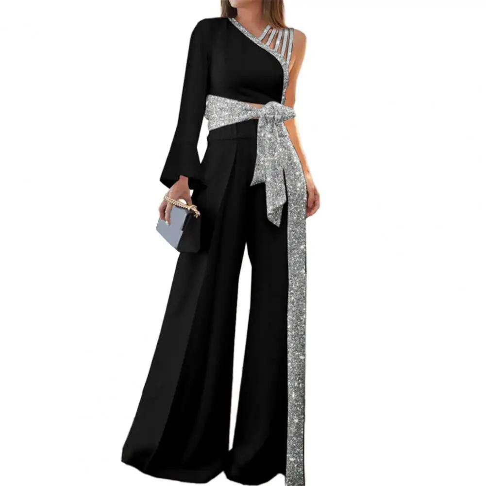 2Pcs/Set Women Outfit Bandage Bowknot Off Shoulder Bandage Suits High Waist Wide Leg Pants Patchwork Shiny Top Set Streetwear