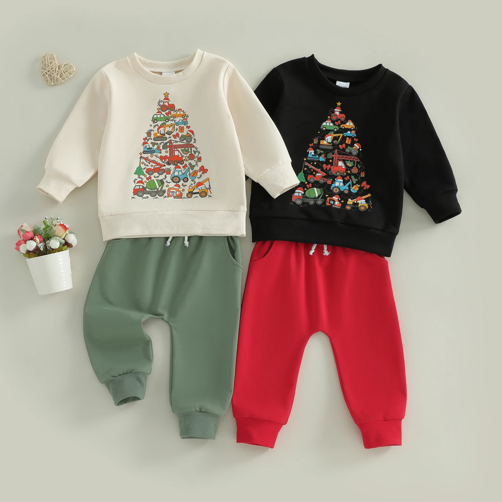 Baby Boy Christmas Outfits Long Sleeve Truck Tree Print Sweatshirt + Pants