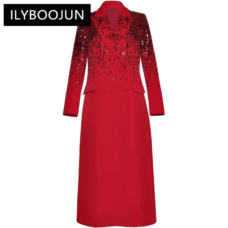 

Women's Elegant Coat Notched Long Sleeved Double-breasted Sequins Black/red Overcoat For Women 2024 Luxury Brand