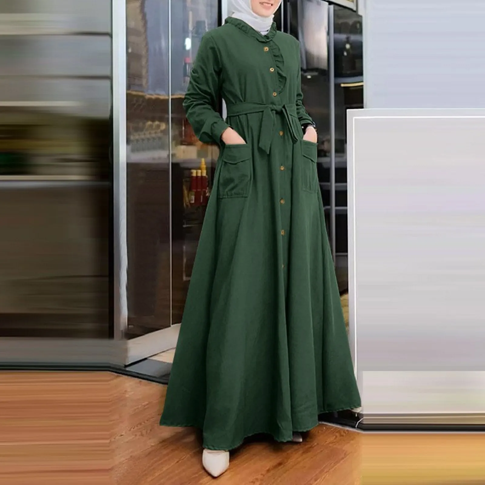 Fashion Women Maxi Dresses Autumn Long Sleeve Solid Muslim Dress Dubai Turkey Abaya Casual Loose Buttons Down Vestidos