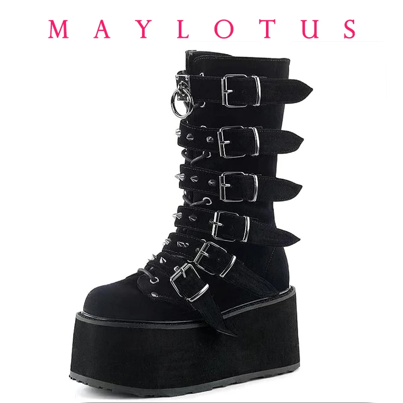 Long Boots Women Gothic Shoes Wedges Platform Knee High Boots Punk Sexy Motorcycles Boots New Halloween Cosplay Women's Shoes