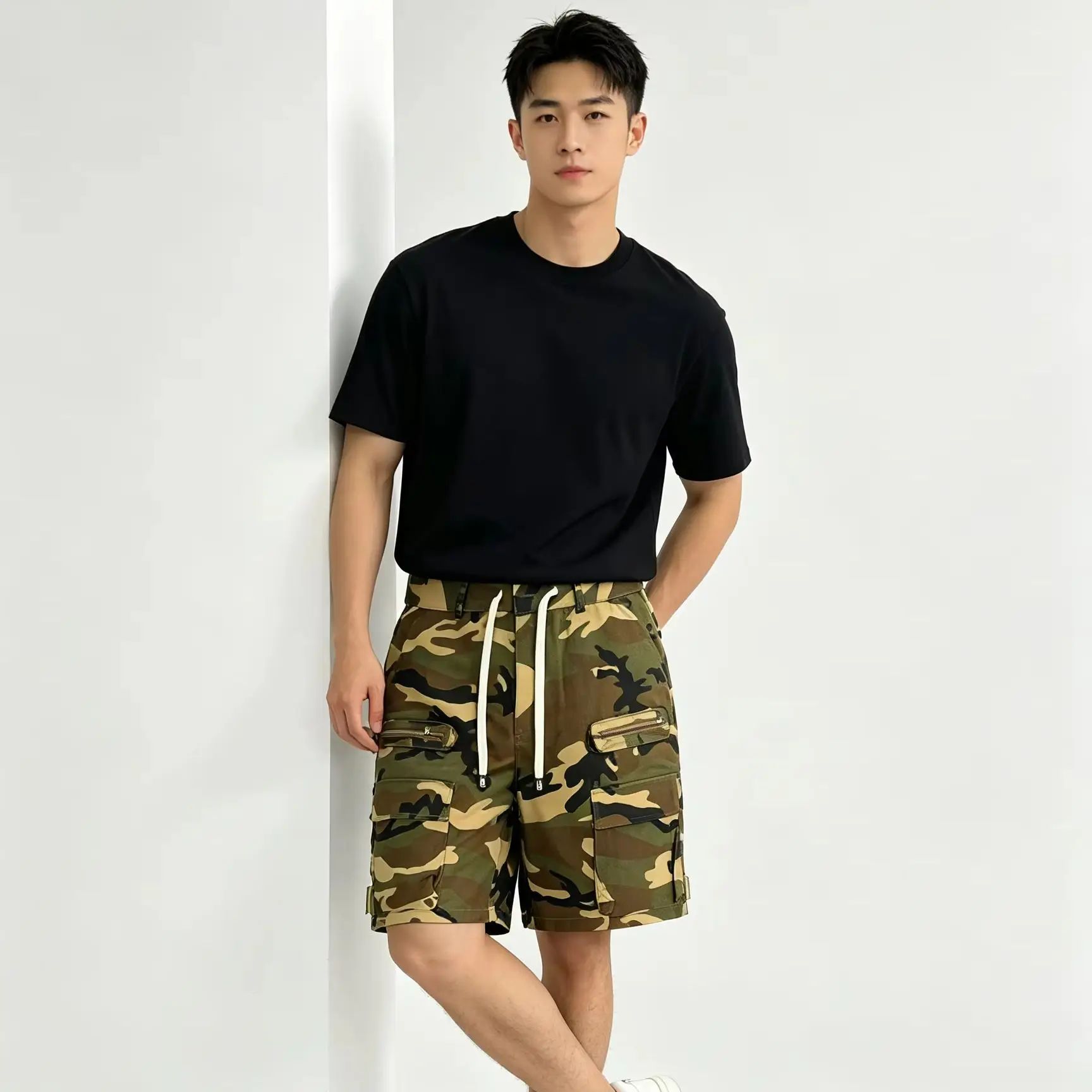 American Trendy Camo Multi Pocket Cargo Shorts Straight Fit 5 Inch Summer Men Casual Fashion Outdoor Short Trousers