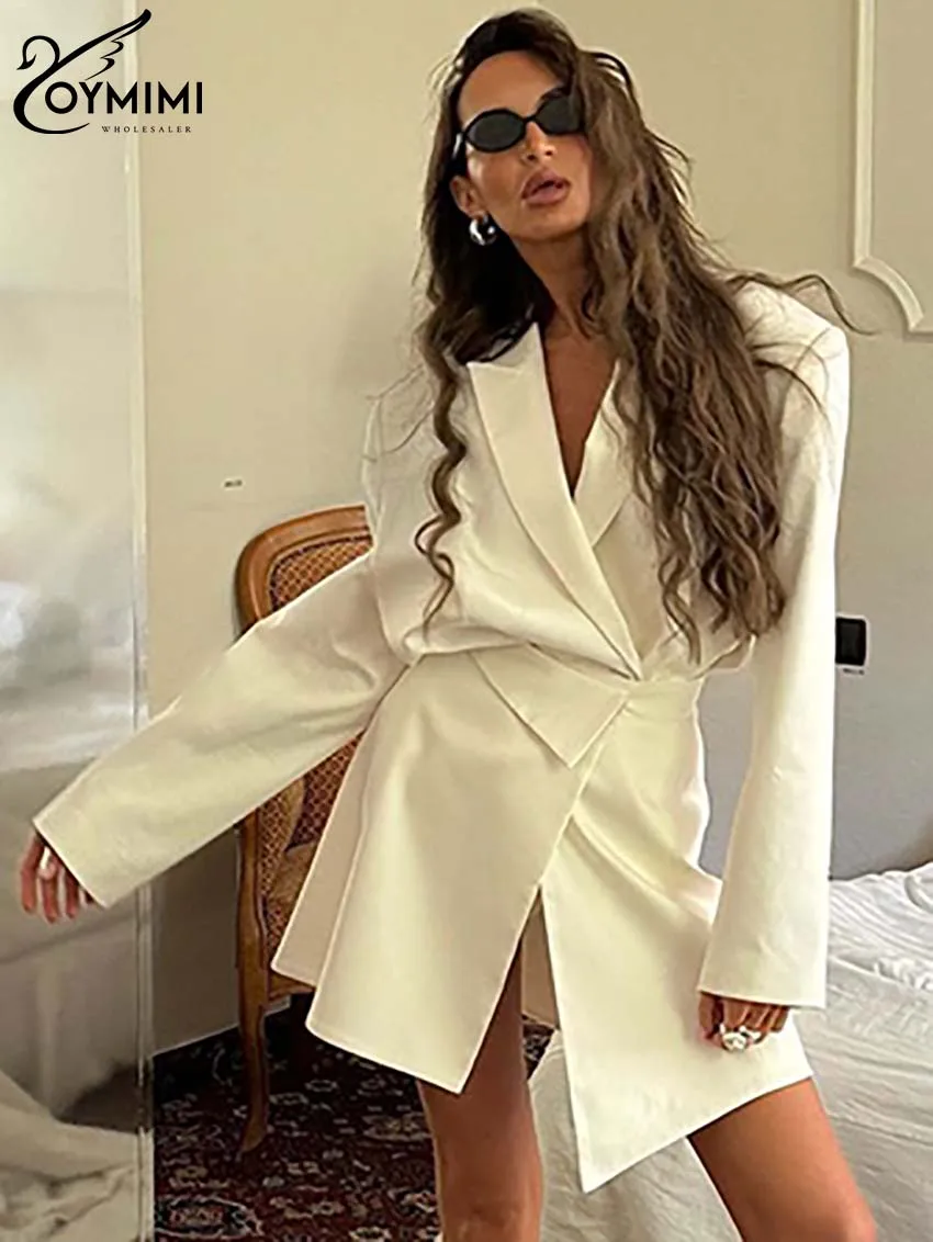 Oymimi Fashion White Sets For Women 2 Pieces Elegant Long Sleeve Pockets Button Shirts + High Waist Asymmetrical Mini Skirts Set