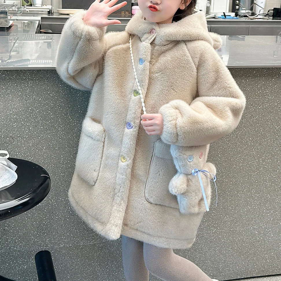 Winter Children Girl Faux Fur Mink Coat Solid Colorful Infant Baby Thicken Integrated Warm outerwear Junior kids Woolen overcoat