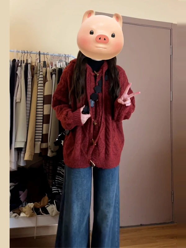 Laid-ba Sle Neujahr, rot, geknöpfter Kapuzenpullover, Strickpullover, Mantel, Damen, Herbst und Winter, 2022, neue gestrickte offene Strickjacke