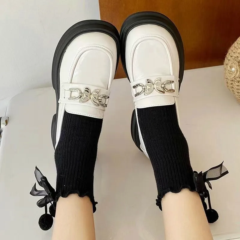 Retro Woman Shoes Loafers With Fur Female Footwear British Style Round Toe Oxfords Clogs Platform New Slip-on Dress Preppy Leath