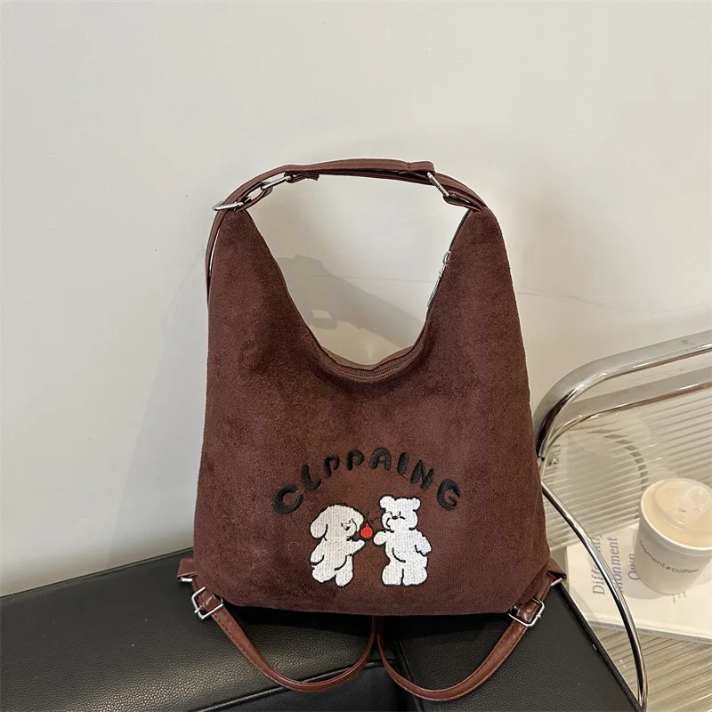 

​​2025 New Womens Suede Backpack Autumn Cartoon Print Tote Bag Vintage Retro Large Capacity Rucksack Casual Shoulder Bag​