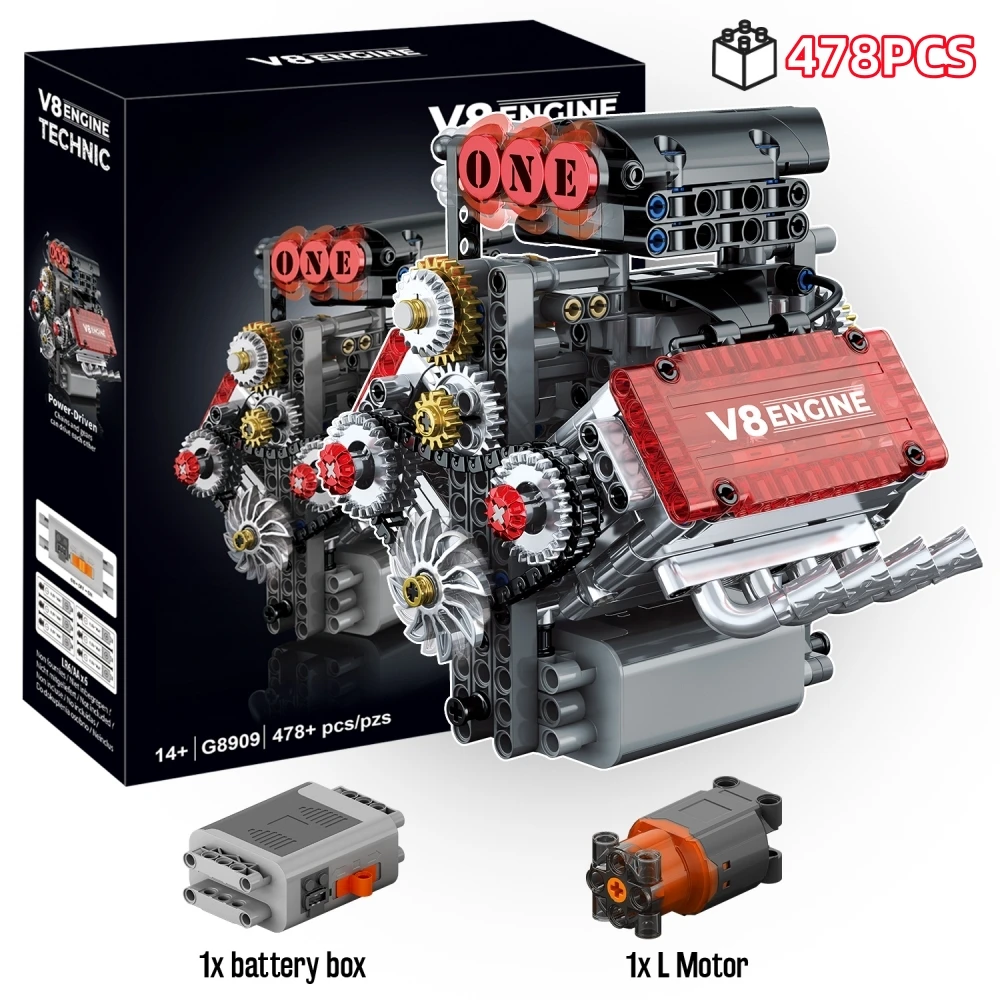 

FUNXINEE 478 шт. моторизованная модель двигателя V8 STEM, строительный комплект, креативные механические игрушки, коллекционная идея подарка с элегантной коробкой
