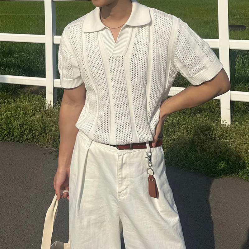 Fashion Slim Knitted Mesh Polo Shirts Mens 2025 Summer Trendy Lapel Button Short Sleeve Polo T Shirt For Men Streetwear Pullover