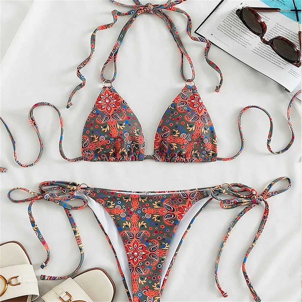 Strój kąpielowy z nadrukiem w stylu vintage String Halter Bikini stroje kąpielowe z odkrytymi plecami stringi Trend kobiety 2-częściowy Push Up