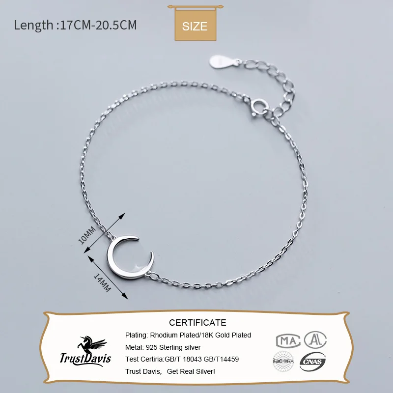 TrustDavis Genuine 925 Sterling Silver Cute Sweet Evening Night Moon Bracelet For Women Girls Wedding Valentine's Day Gift DT18