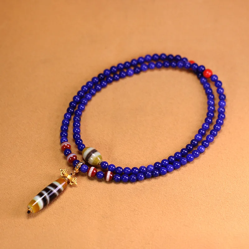 Tibetan natural raw stone old mine purple agate Qingke thread Dzi bead pendant collarbone chain, approximately 12x38mm