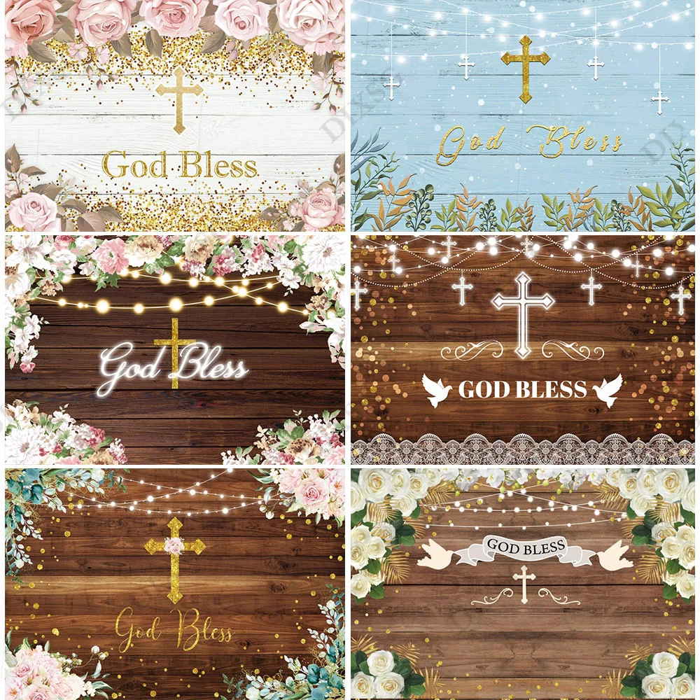 Boy Girl First Communion Background God Bless Gold Cross Christening Baby Shower Photography Backdrop Baptism Photo Studio Props