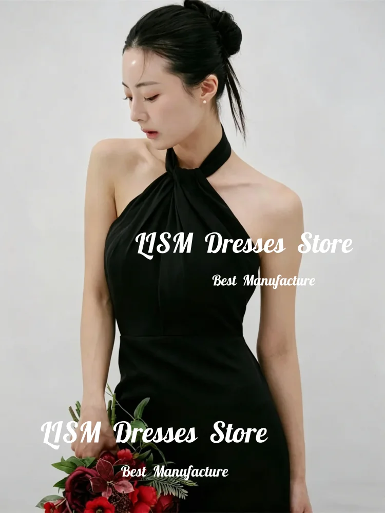 Lism Elegant Halter Black Korea Evening Dresses Customized Elastic Satin Photos Shoot Dress Backless for Wedding Reception Party