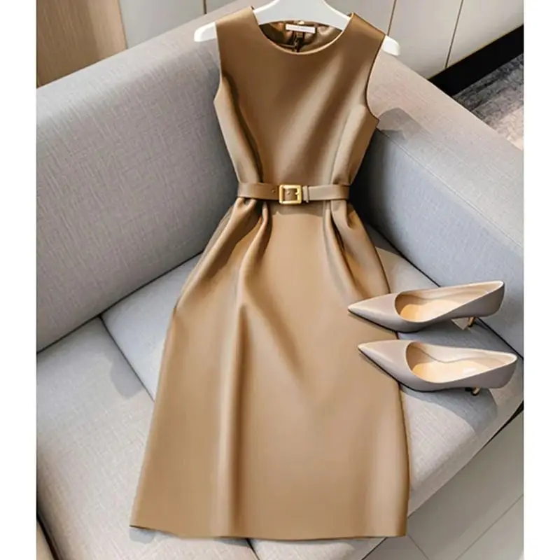 Elegant Women\'s Formal Dress With Belt Summer New Fashion Solid Color O-Neck Sleeveless High Waist OL Midi Party Vestidos