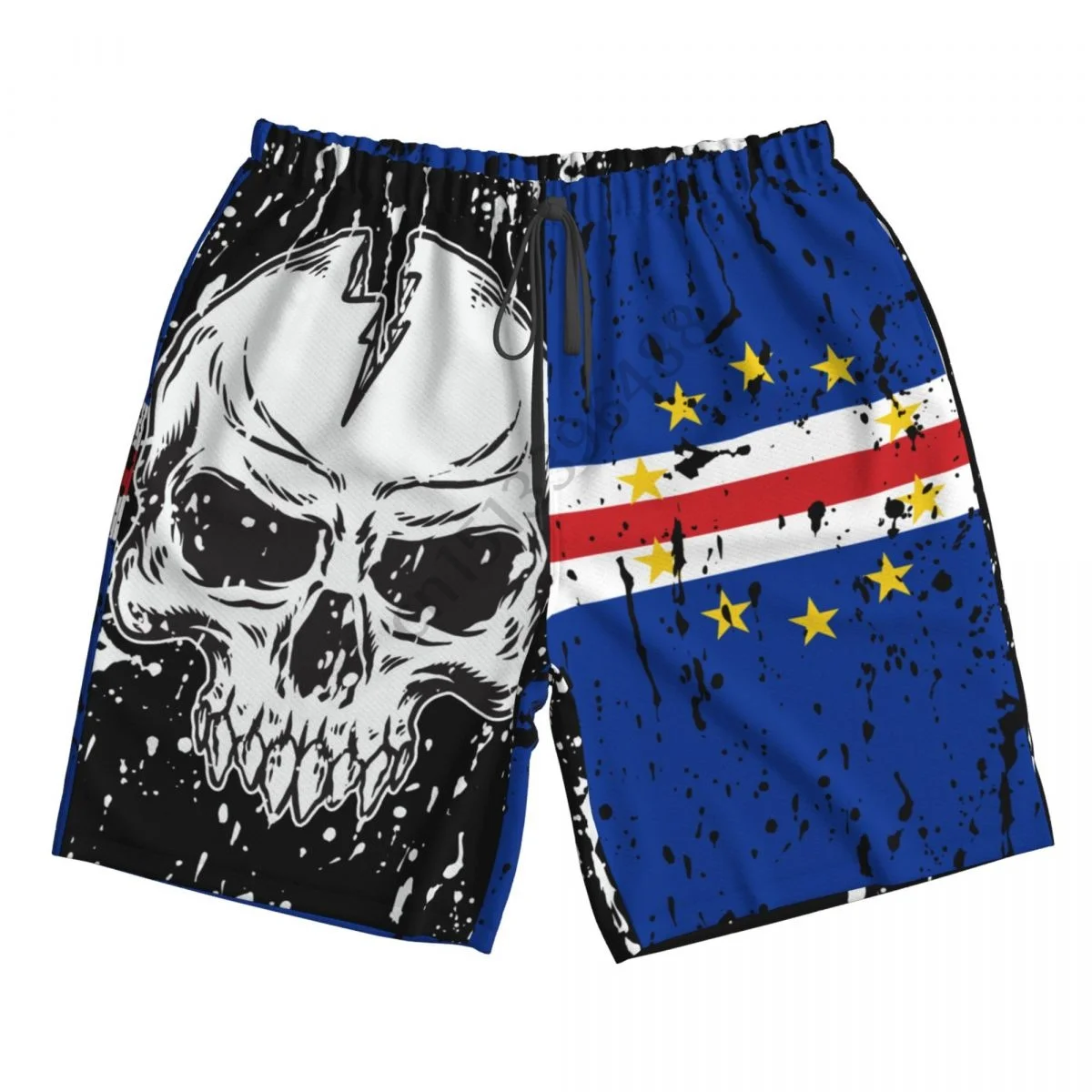 Cape Verde Flag Vintage Skull Men's Novelty Swimtrunks Quick Dry 3D Printed Mesh Lining Beach Board Shorts with Pockets