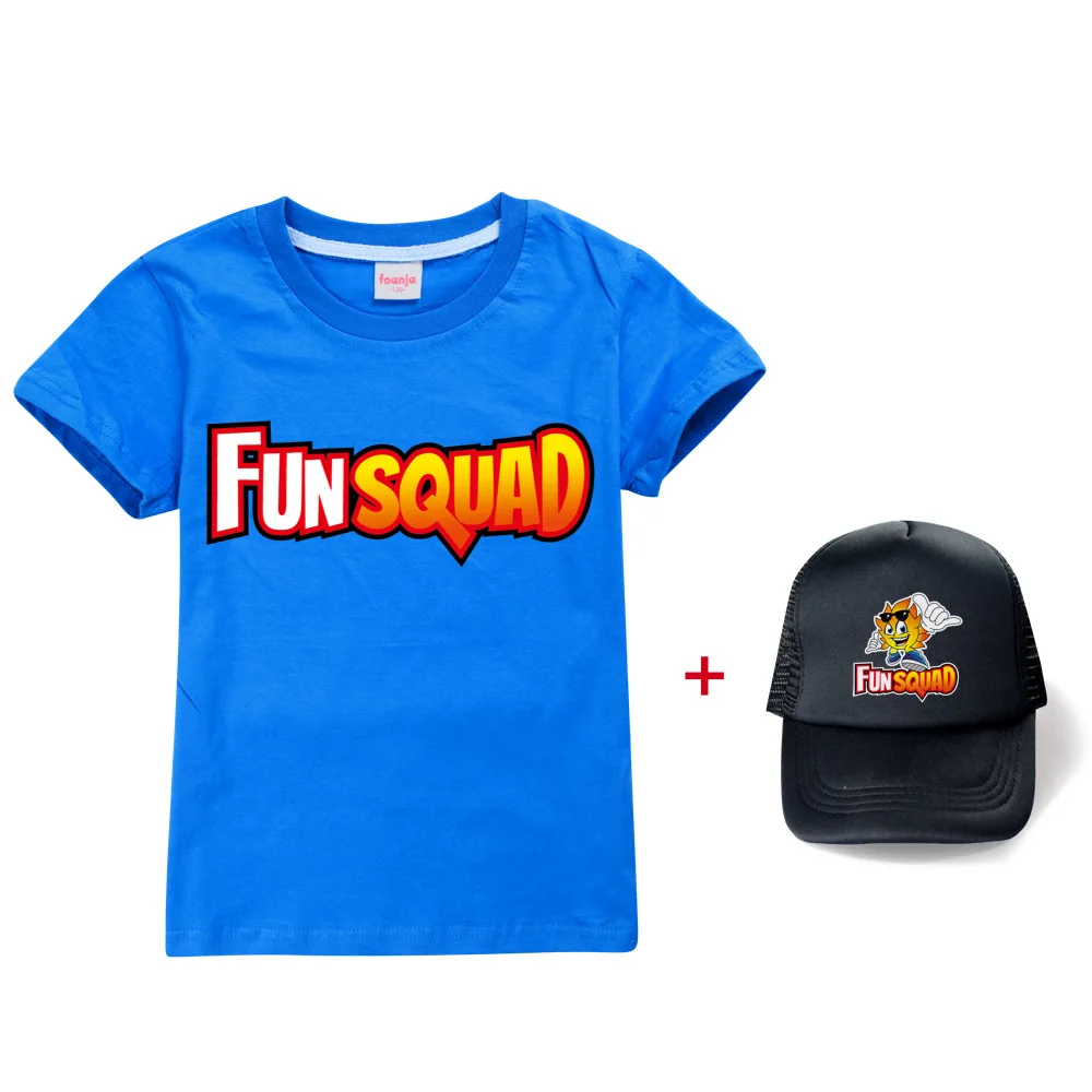 New Summer Baby Boys Kawaii Fun Squad Gaming Printing T-Shirt Cartoon Kids Short-Sleeved Girls T-Shirt Children Casual Top+hat