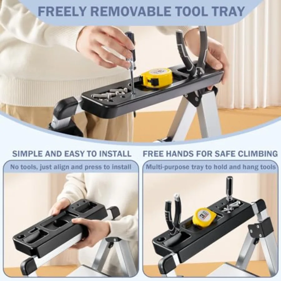 Ladder, Retractable Handgrip Folding Step Stool with Anti-Slip Wide Pedal, Aluminum Stool Ladders s, 330lbs Safety Household La