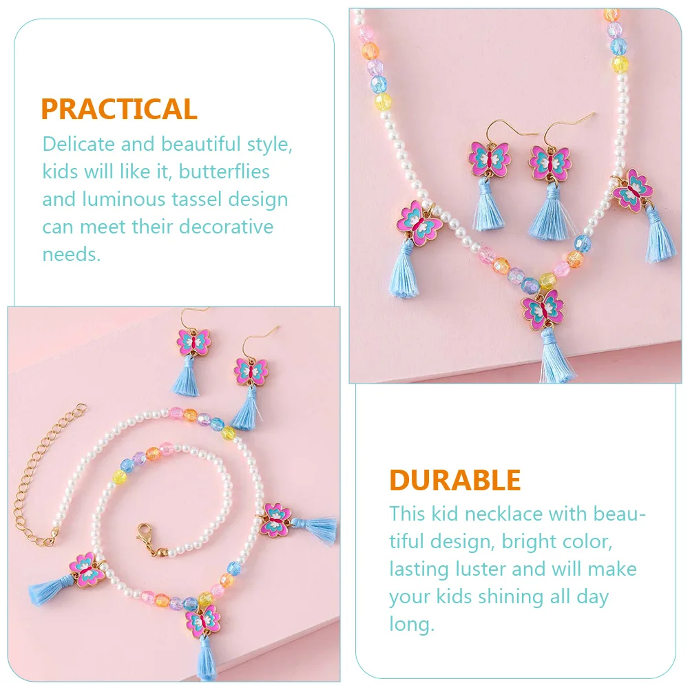 

Necklace Butterfly Earring Set Luminous Tassel and Earrings Butterflies Pendant Shine Round Bead Girl Child