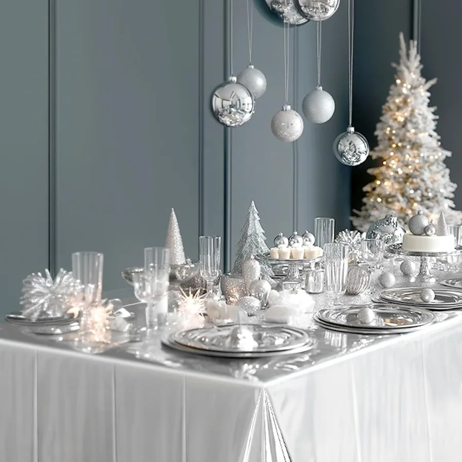 2 قطعة مفرش المائدة البلاستيكية الفضية للحفلات 54*72 بوصة لامعة ديسكو مفارش طاولة غطاء الطاولة الأبيض لحفل زفاف عيد الميلاد الشتاء Bi