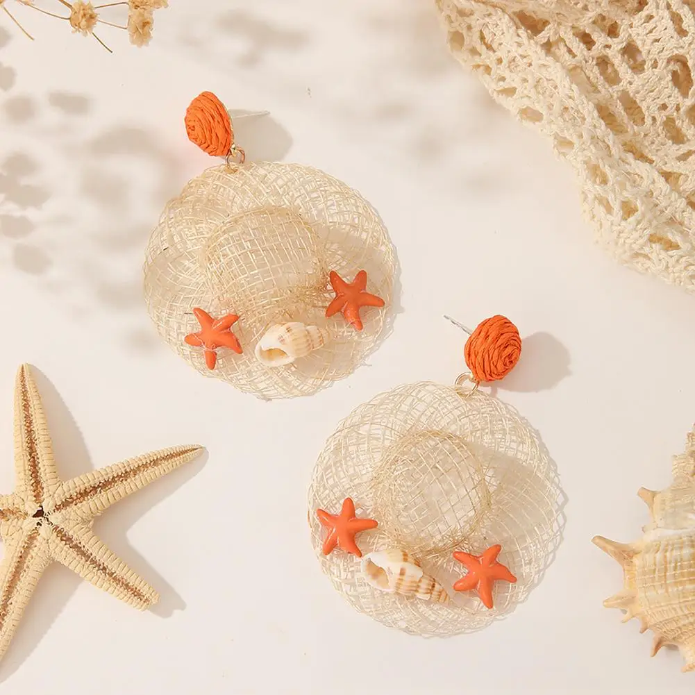 Lightweight Raffia Earrings Colorful Tether Ball Earrings Boho Raffia Statement Earrings Woven Straw Starfish Dangle for Women