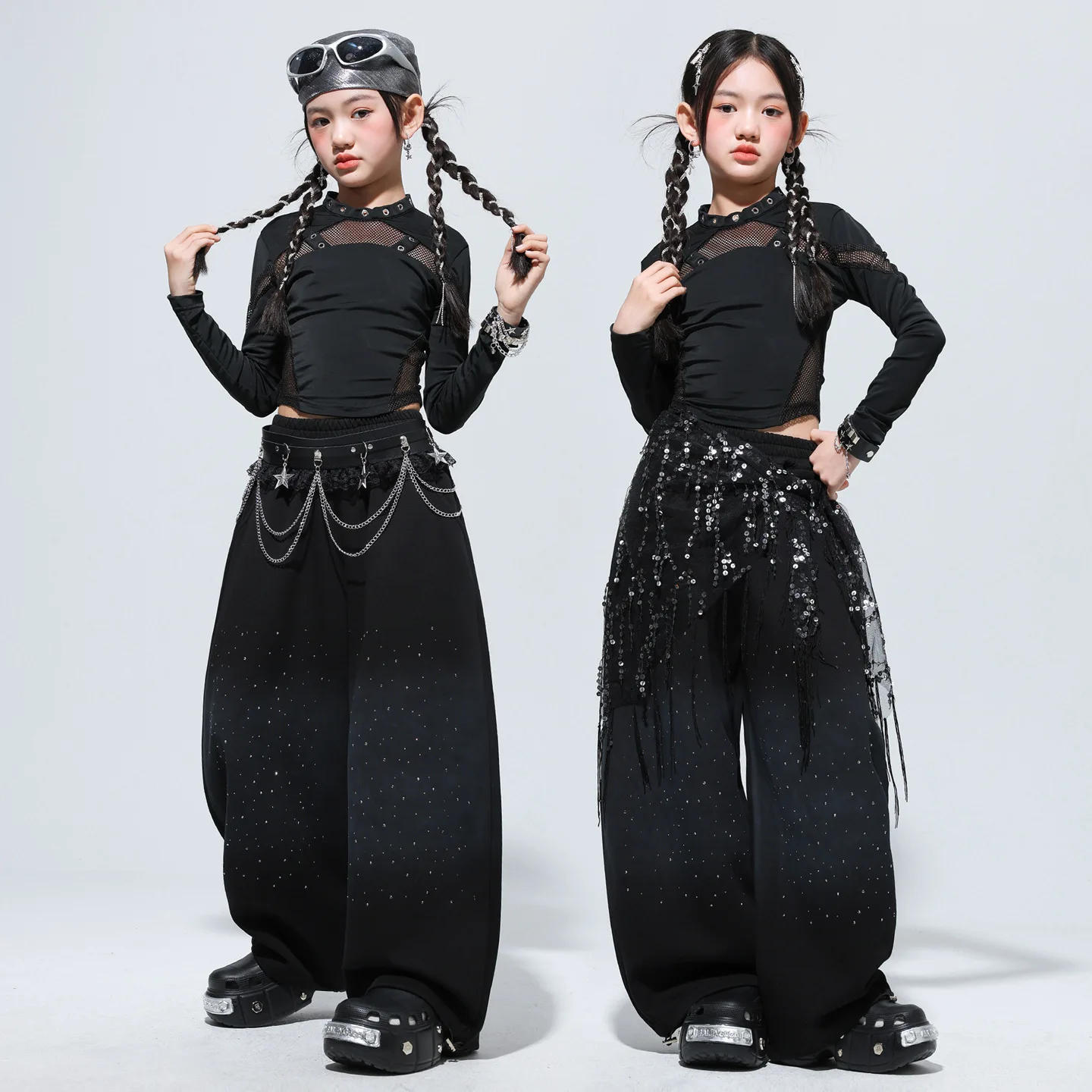

Kid Kpop Hip Hop Clothing Black Mesh Eyelets Crop Long Sleeve T Shirt Sequined Casual Wide Pants for Girl Dance Costume Clothes