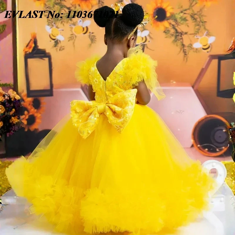 

EVLAST Yellow African Flower Girl Dress Short Sleeve Tulle Princess Ball Gowns Girls First Birthday Party Dress For Wedding FD13