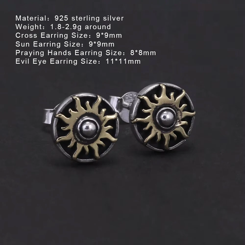 925 Sterling Silver Retro Stud Earrings Cross Sun Praying Hands Evil Eye Ear Studs Vintage Fashion Jewelry