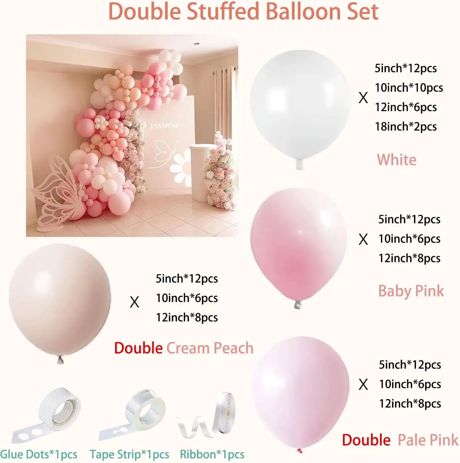 Pink Balloons Garland Arch Kit - Double Stuffed Matte Light Pink and White Cream Peach Latex Balloon for Party Decorations