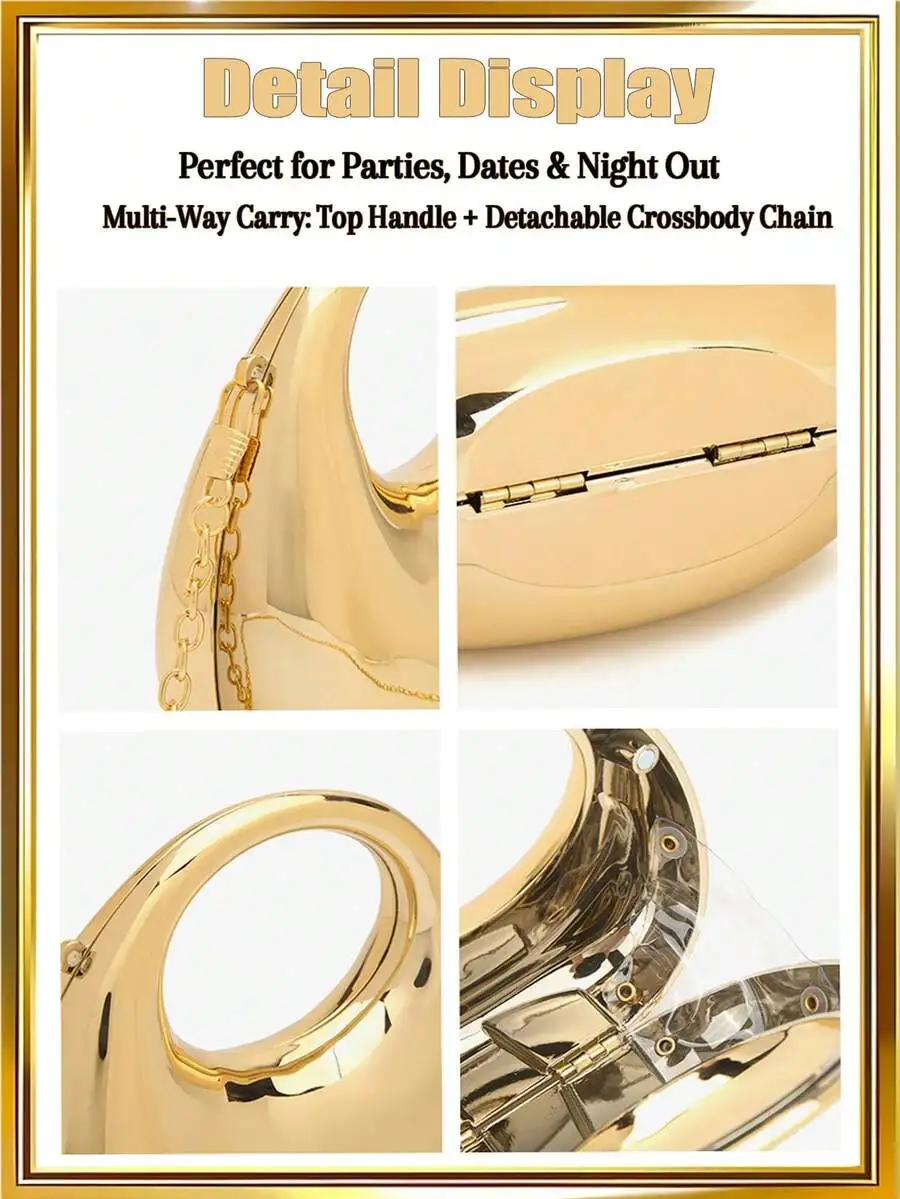 

Gold-Tone Crescent Acrylic Mini Clutch With Detachable Chain And Top Handle For Evening Parties, Weddings, Proms