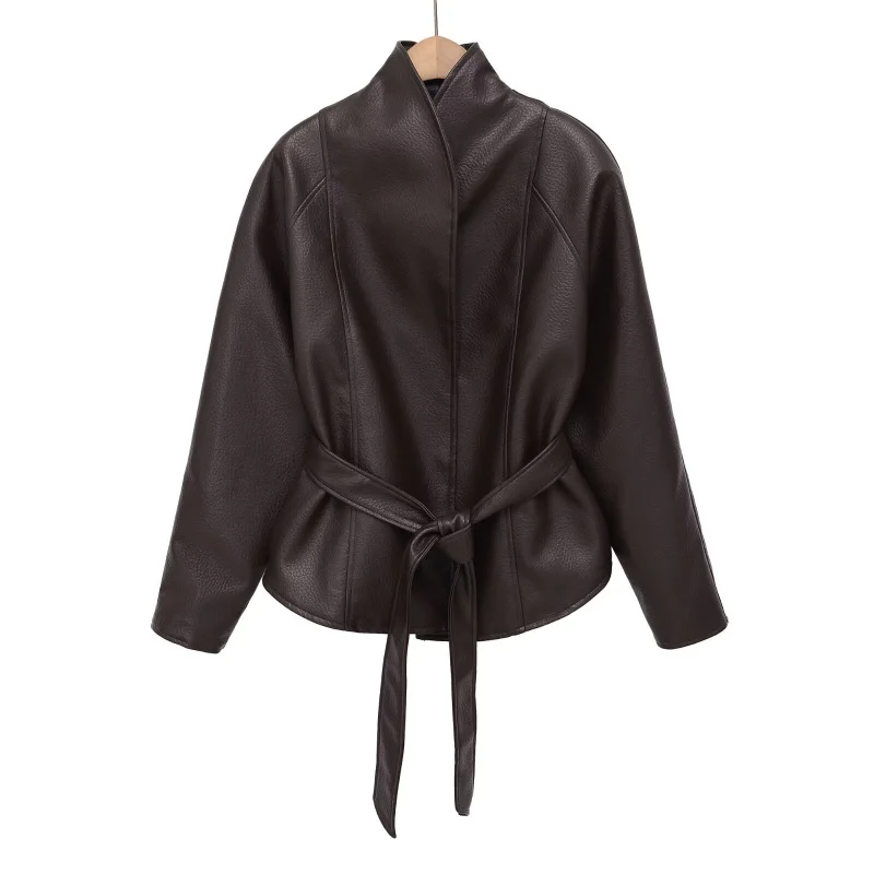 ETJ Damen PU-Leder Vintage Wickeljacke mit Gürtel, hochgeschlossener Kurzmantel, Frühjahr 2026, minimalistische Retro-Urban-Mode-Oberbekleidung – Detail 15