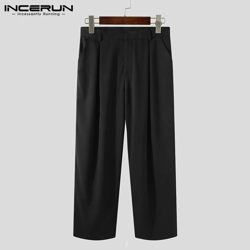 INCERUN 2024 Korean Style New Mens Trousers Casual All-match Wide Leg Long Pants Fashionable Street Solid Simple Pantalons S-5XL