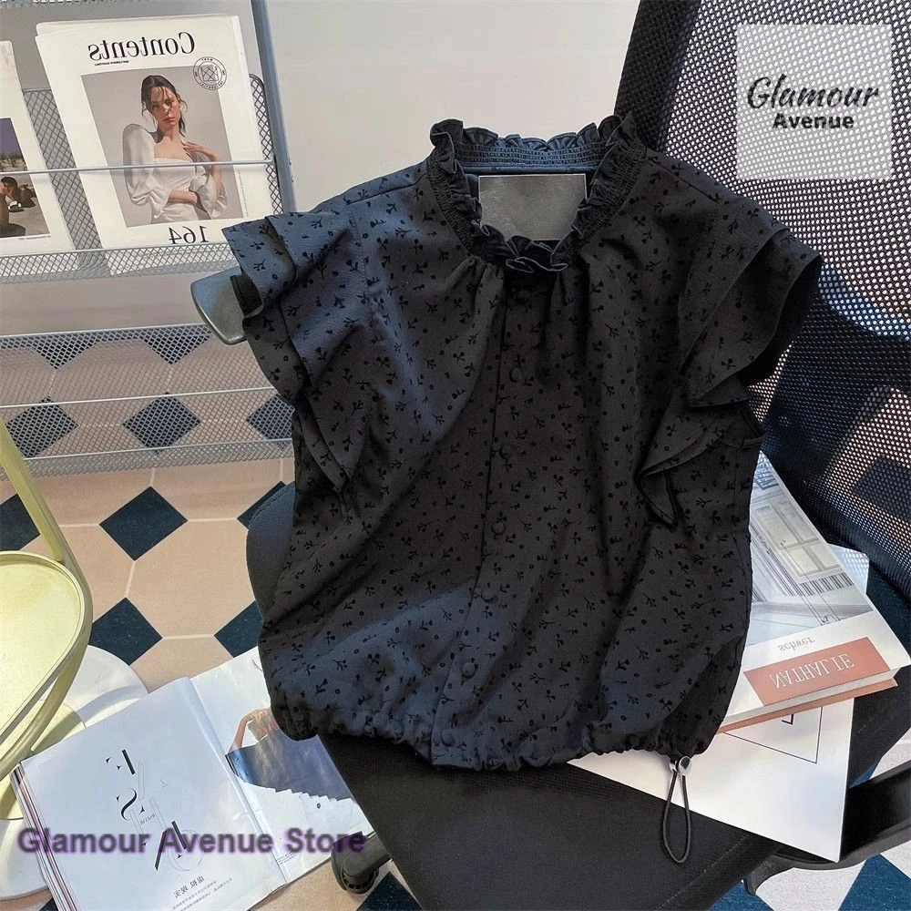 

Korean super nice temperament black floral fly sleeve shirt women's summer new fashion niche short slim lace collar shirt