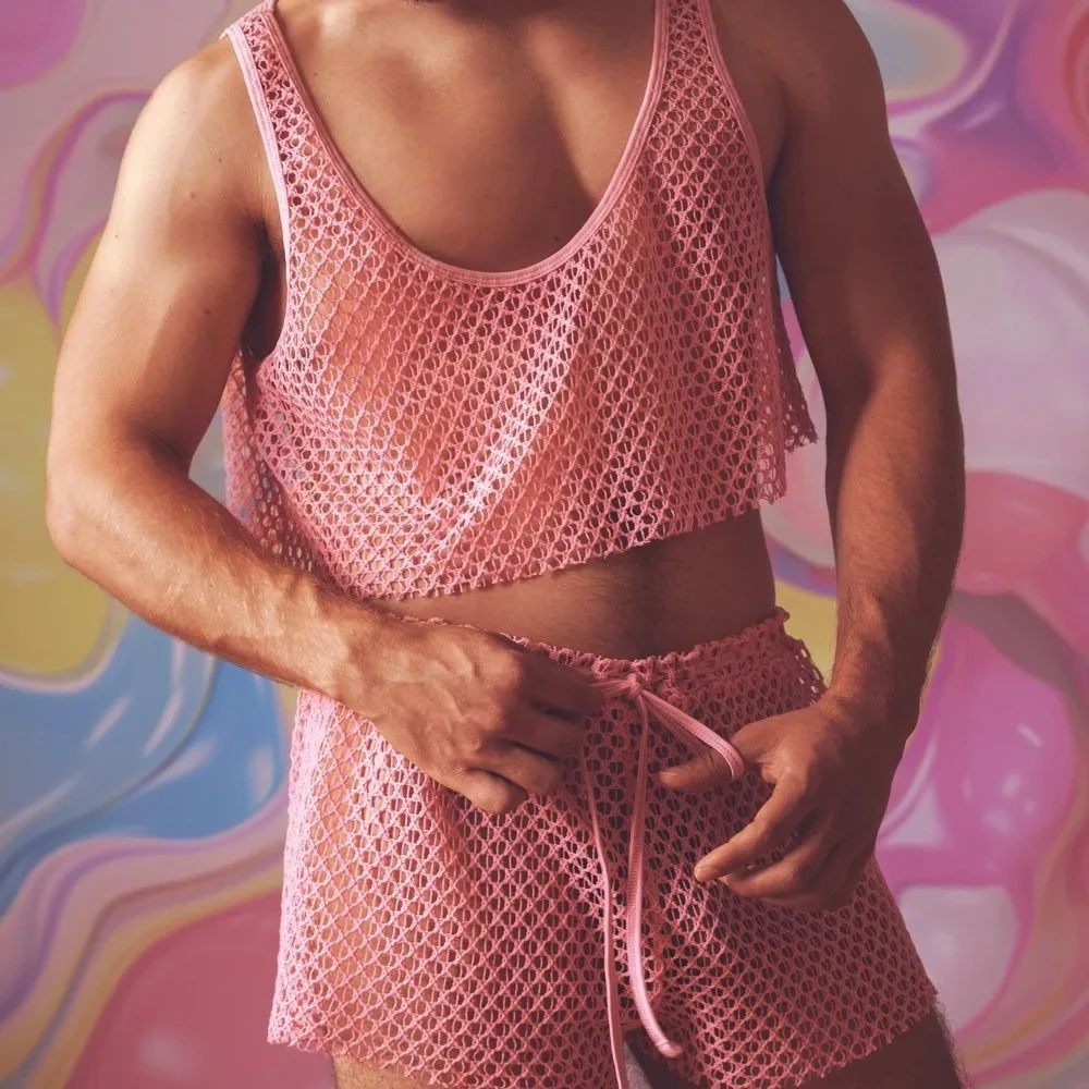 New Fishing Net Men's Vest Shorts Set Current Pink Personalized Sexy Suspender Vest Men