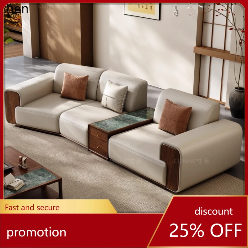 

HXL Black Walnut Solid Wood Genuine Leather Straight Row Sofa Villa Living Room Sofa