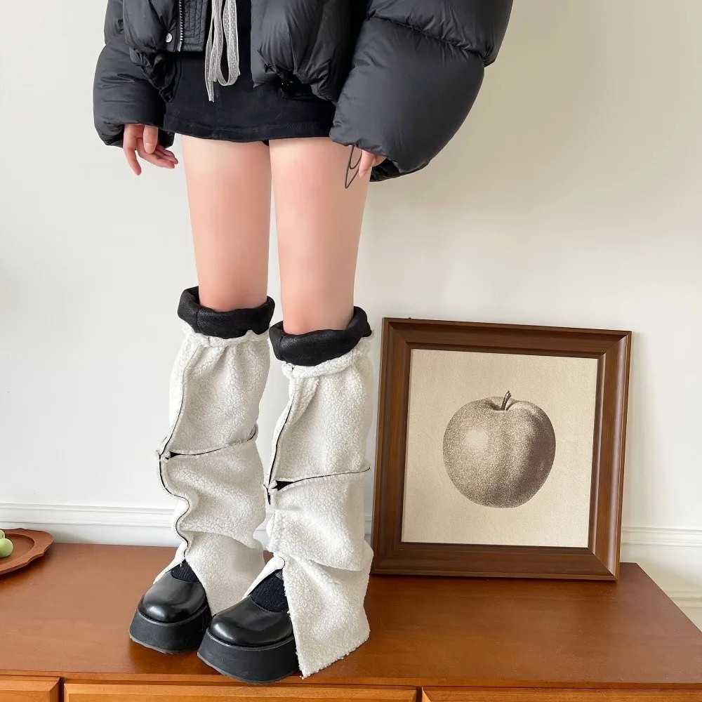 Y2K Thickened Suede Leg Warmers Mid-calf Wind Protection Foot Cover Turn-down Collar Design Warm Boots Cover Women