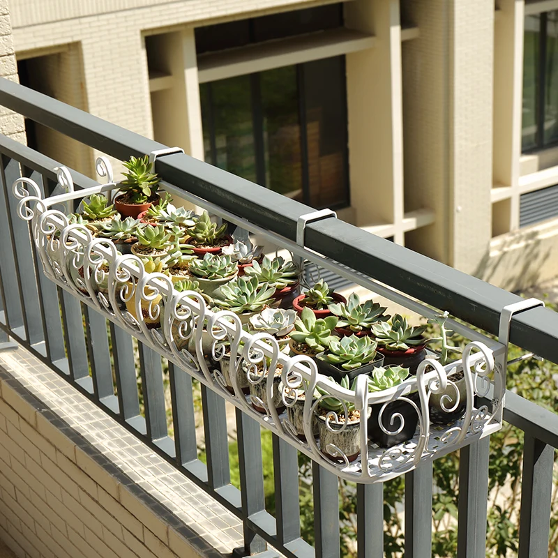 Wrought Iron Balcony Railing Planter Hanging Flower Pot Holder for Succulents Decorative Garden Shelf Black Storage Rack