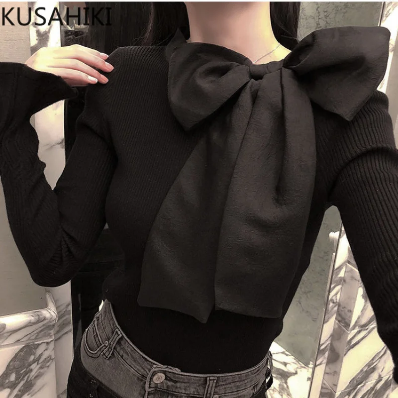 KUSAHIKI Korean Bow Bandage O-neck Slim Stretch Knitwear Autumn Winter New Long Sleeve Bottoming Women Pullover Knitted Sweaters